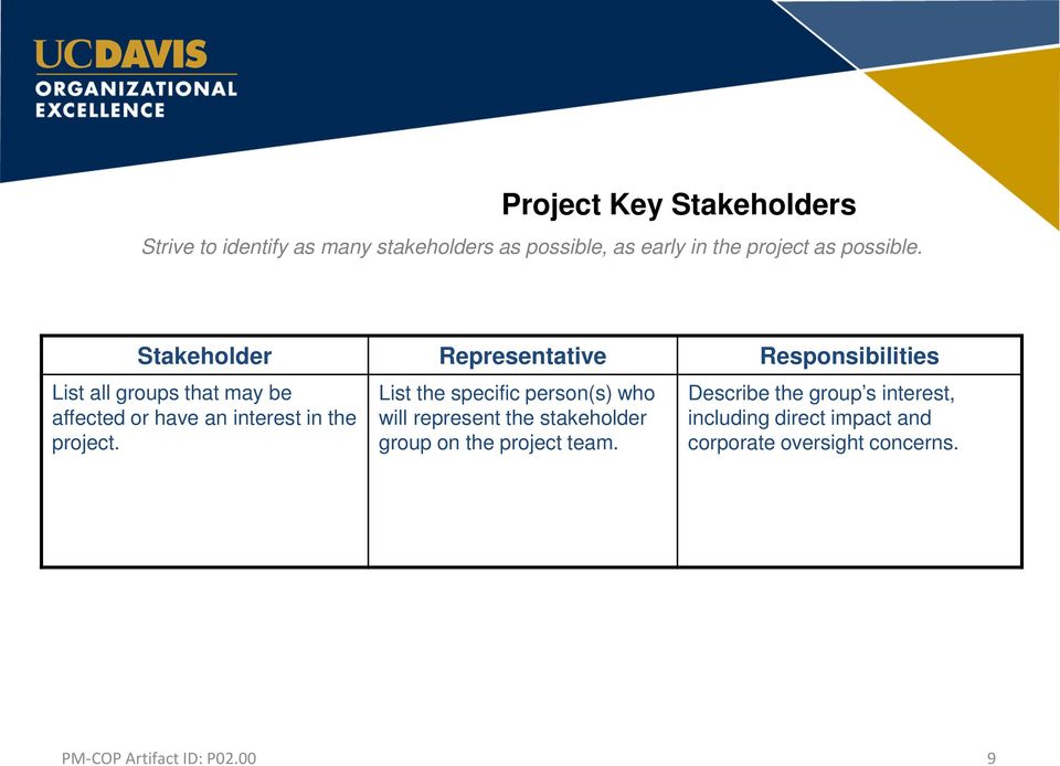 Stakeholder Representative Responsibilities List all groups that may be affected or have an interest
