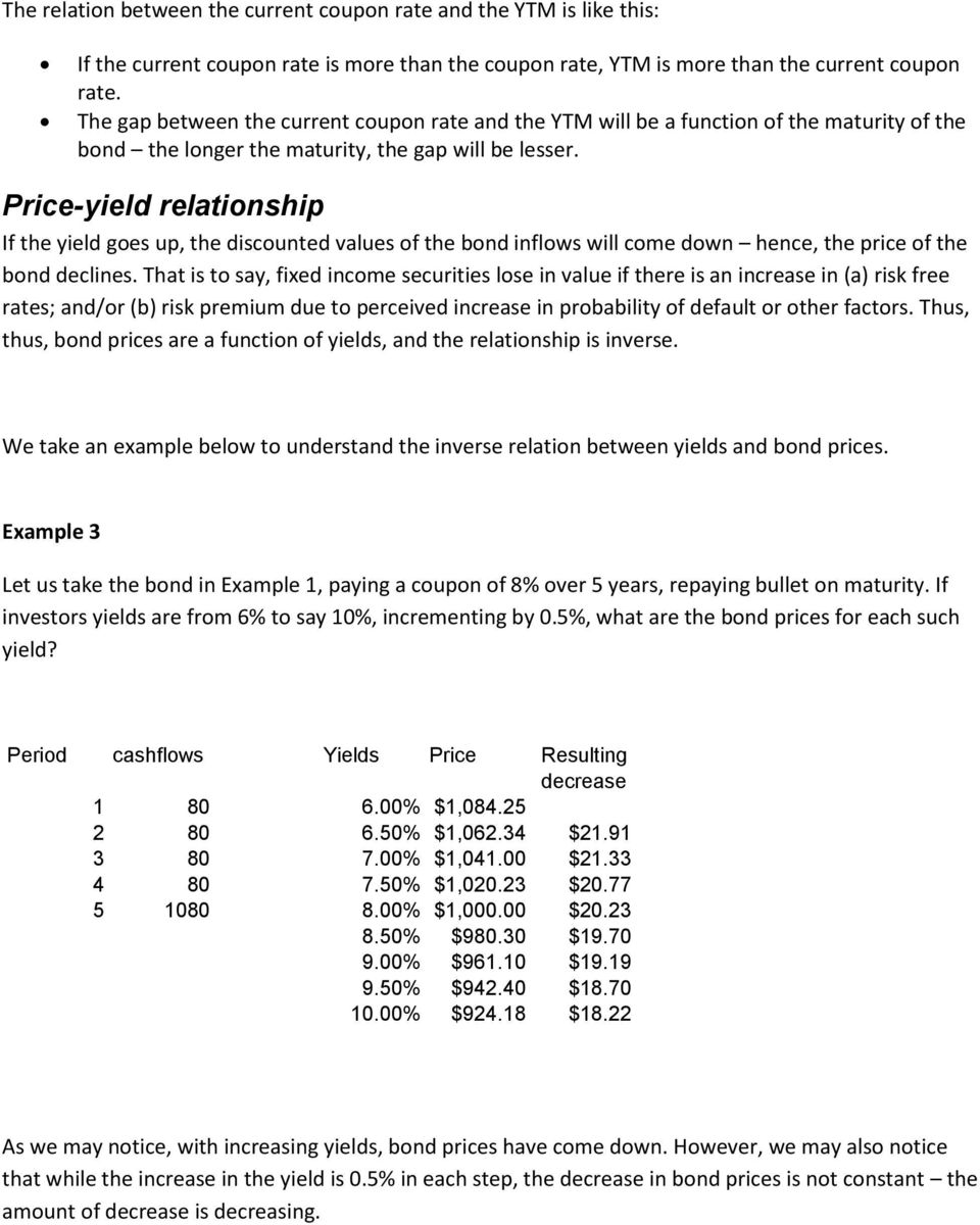 Price-yield relationship If the yield goes up, the discounted values of the bond inflows will come down hence, the price of the bond declines.