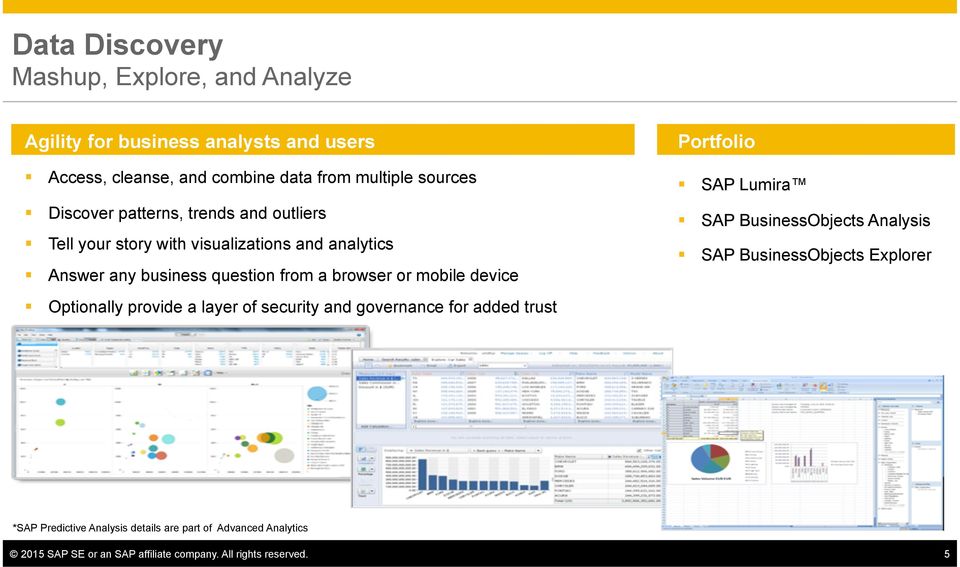 a browser or mobile device SAP BusinessObjects Analysis SAP BusinessObjects Explorer Optionally provide a layer of security and governance