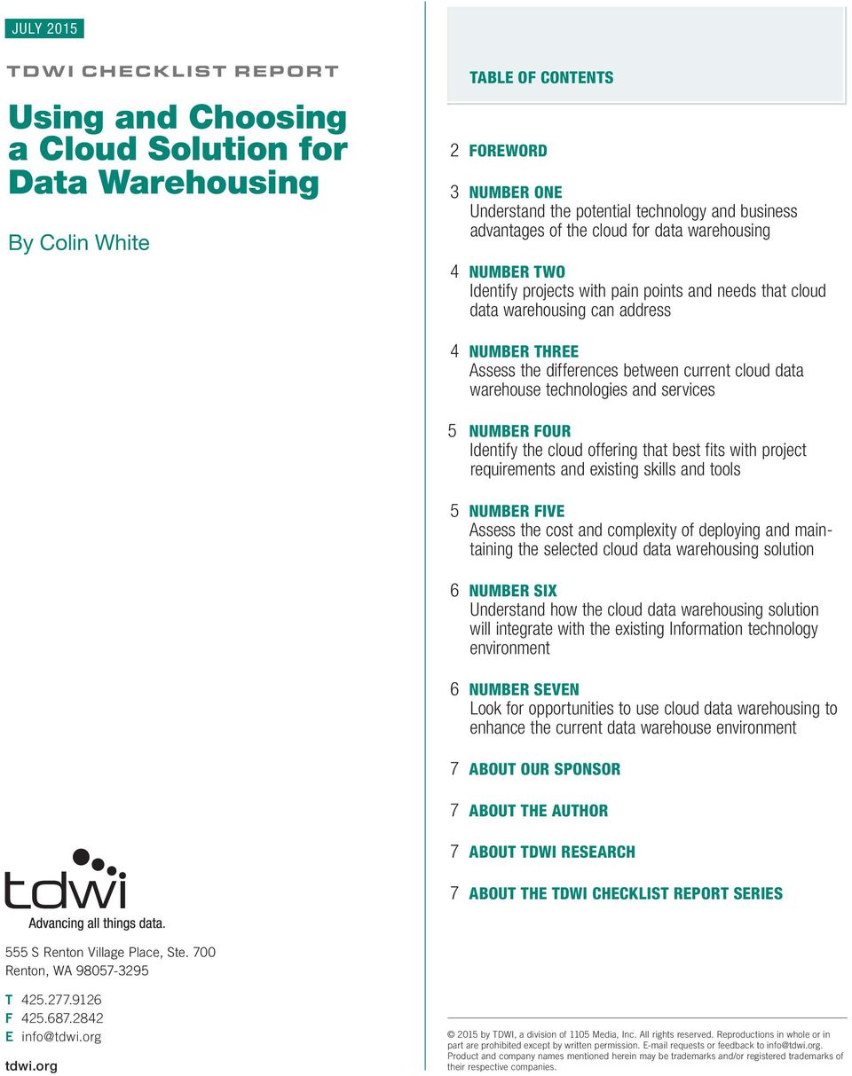 cloud data warehouse technologies and services 5 NUMBER FOUR Identify the cloud offering that best fits with project requirements and existing skills and tools 5 NUMBER FIVE Assess the cost and