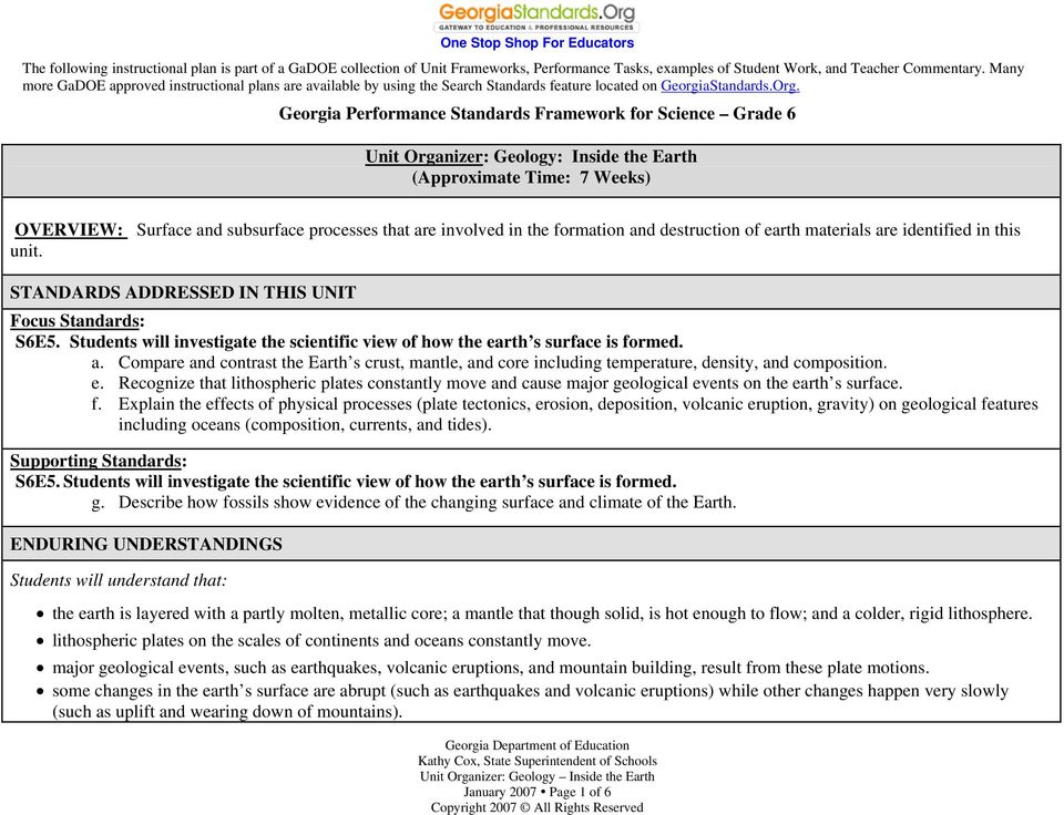 Unit Organizer: Geology: Inside the Earth (Approximate Time: 7 Weeks) OVERVIEW: Surface and subsurface processes that are involved in the formation and destruction of earth materials are identified