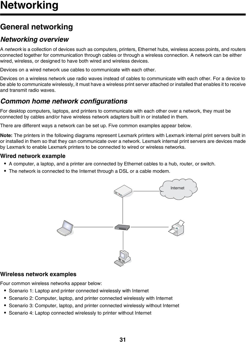 Devices on a wired network use cables to communicate with each other. Devices on a wireless network use radio waves instead of cables to communicate with each other.