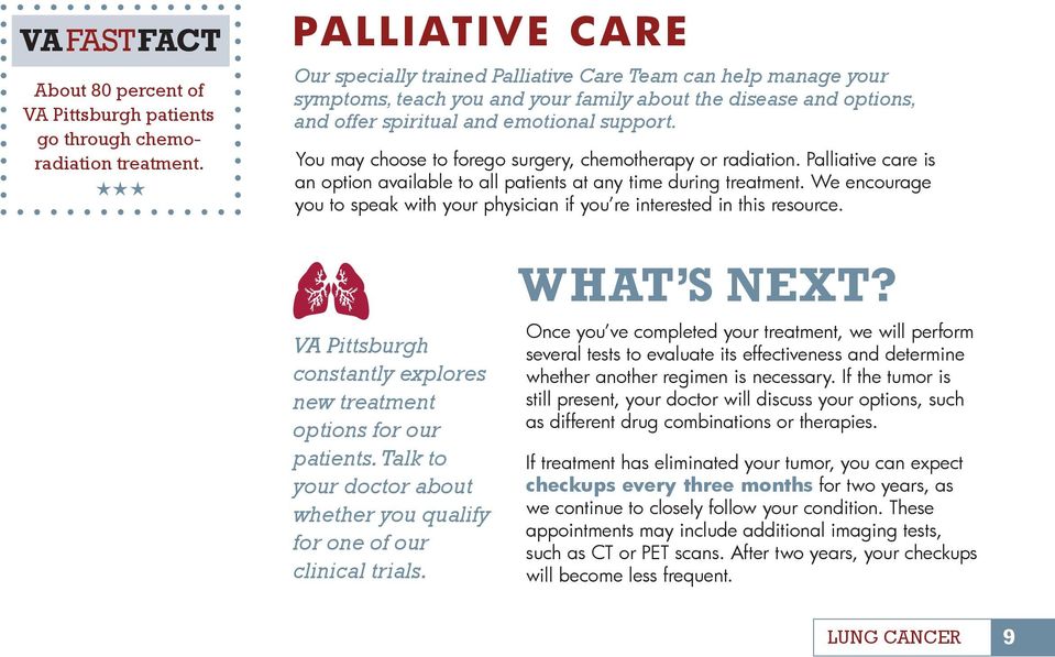You may choose to forego surgery, chemotherapy or radiation. Palliative care is an option available to all patients at any time during treatment.