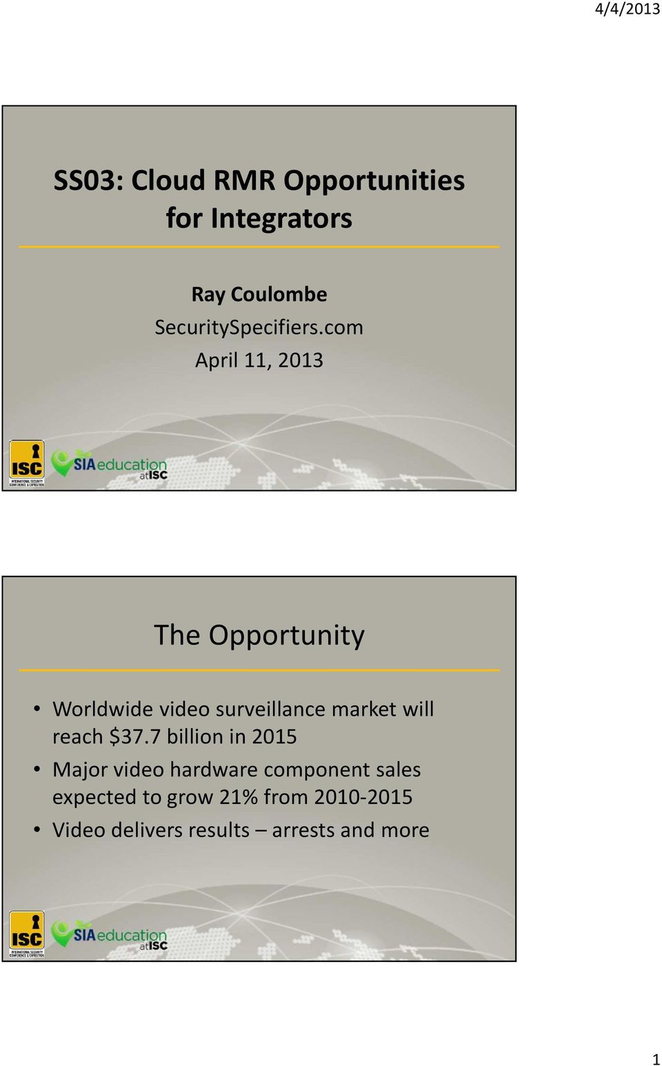 com April 11, 2013 The Opportunity Worldwide video surveillance market