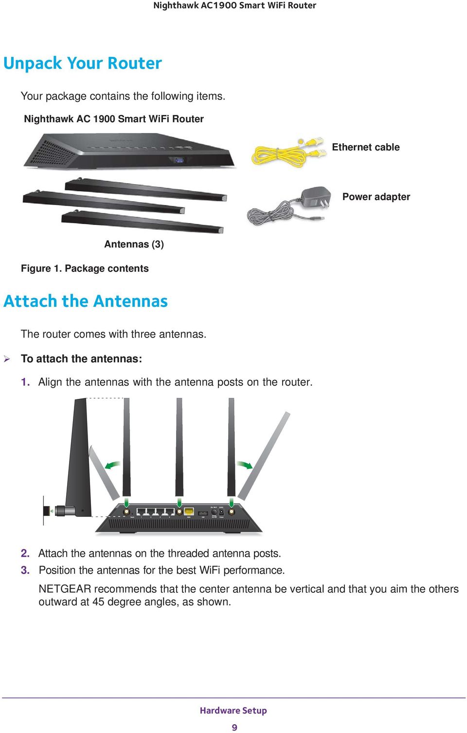 Package contents Attach the Antennas The router comes with three antennas. To attach the antennas: 1.