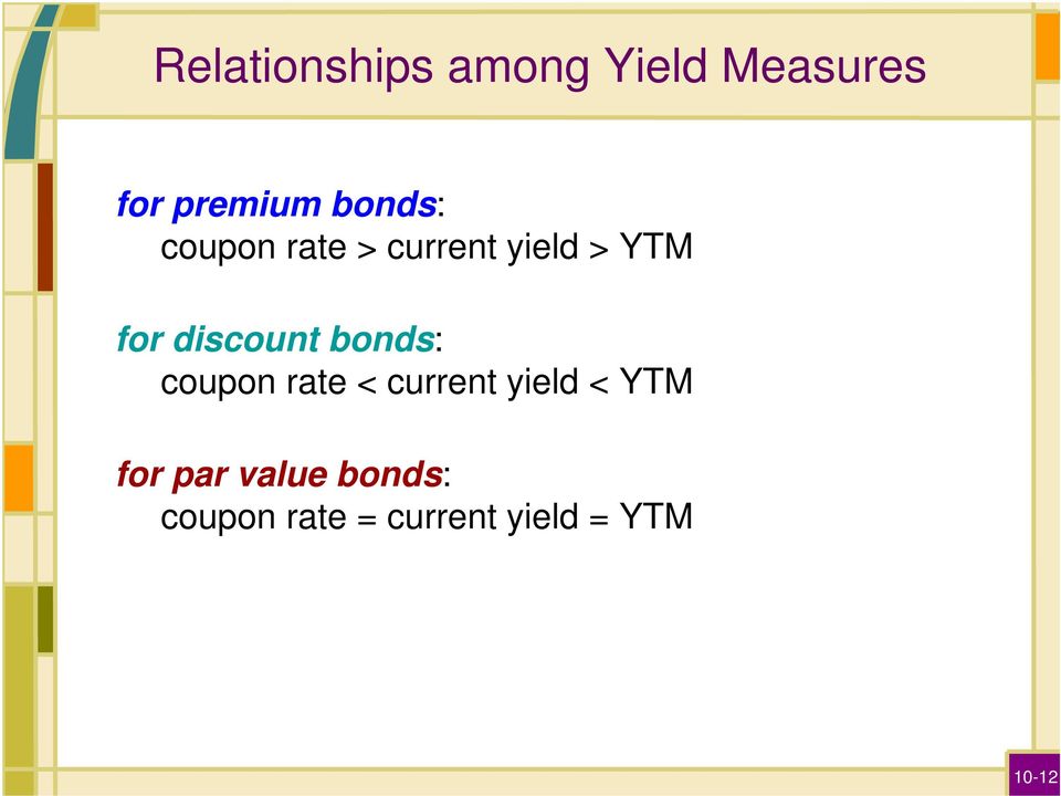 discount bonds: coupon rate < current yield < YTM