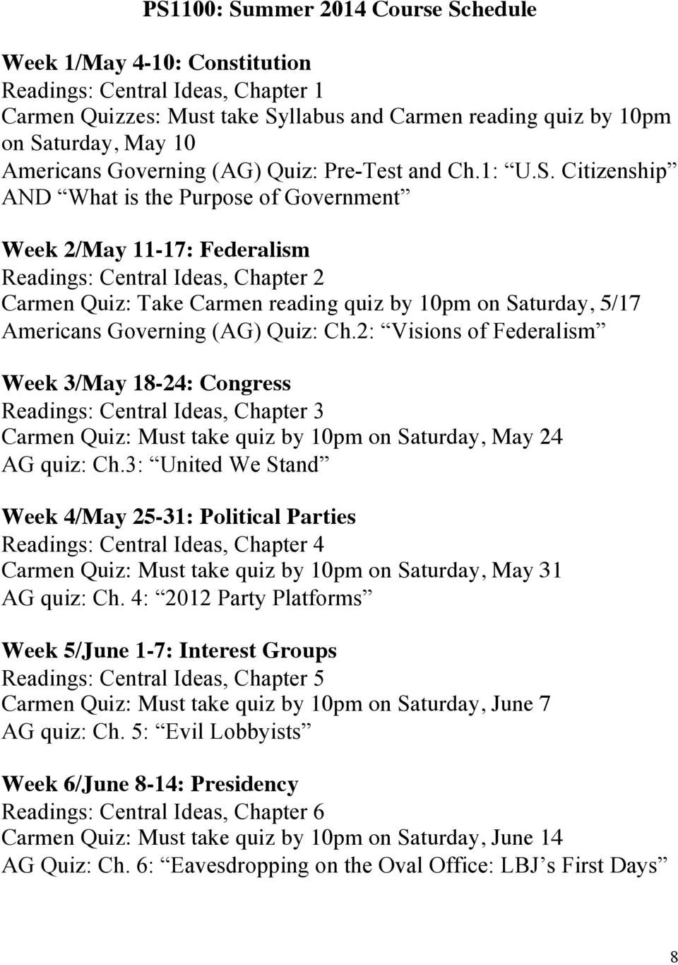 Citizenship AND What is the Purpose of Government Week 2/May 11-17: Federalism Readings: Central Ideas, Chapter 2 Carmen Quiz: Take Carmen reading quiz by 10pm on Saturday, 5/17 Americans Governing