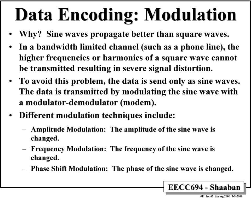 distortion. To avoid this problem, the data is send only as sine waves. The data is transmitted by modulating the sine wave with a modulator-demodulator (modem).