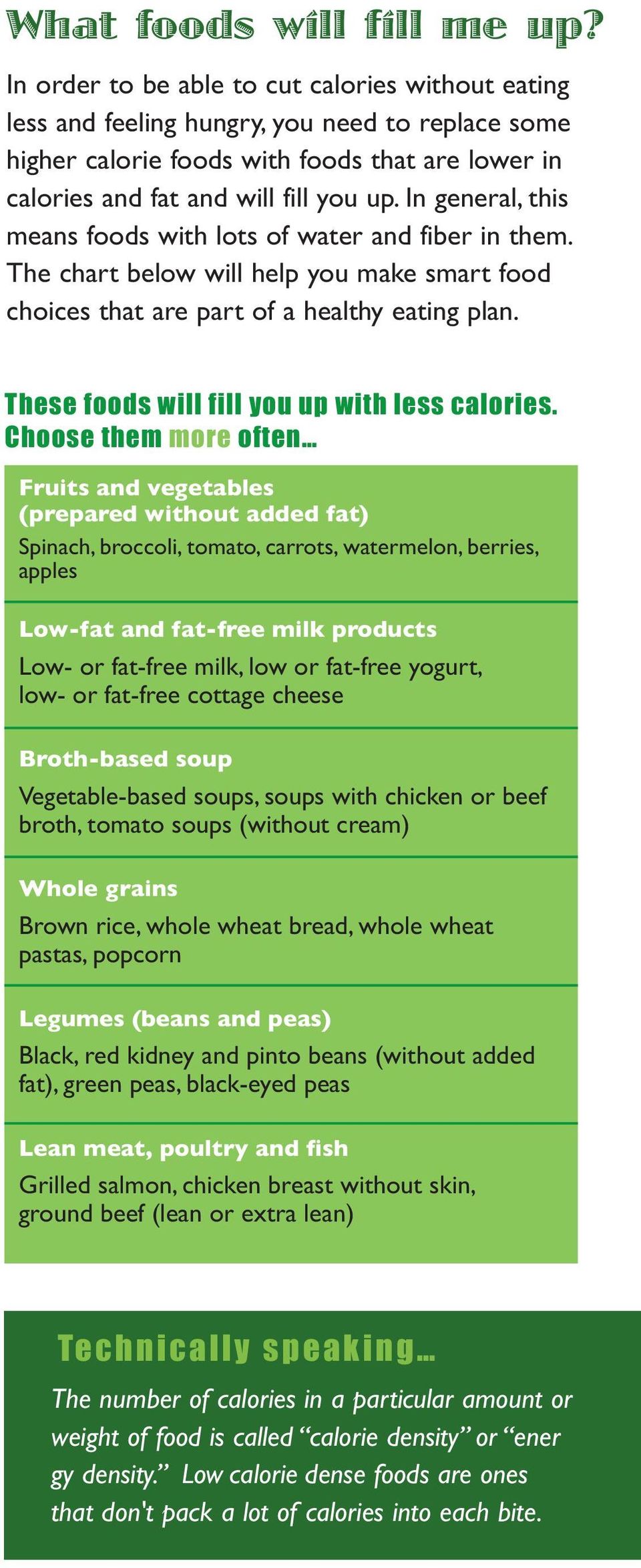 In general, this means foods with lots of water and fiber in them. The chart below will help you make smart food choices that are part of a healthy eating plan.