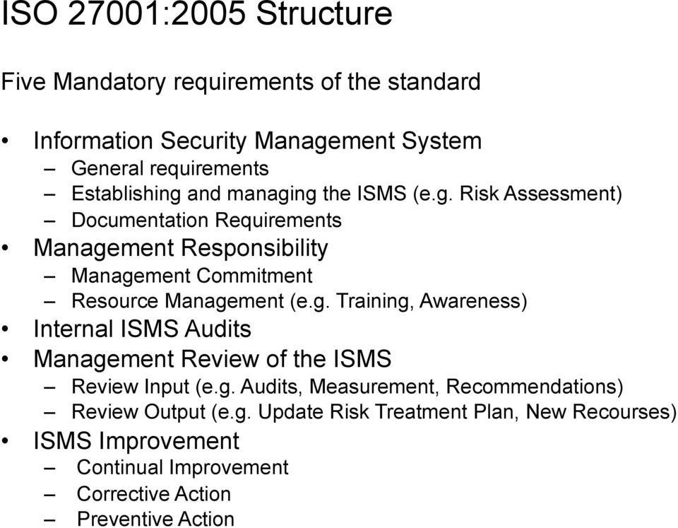 g. Training, Awareness) Internal ISMS Audits Management Review of the ISMS Review Input (e.g. Audits, Measurement, Recommendations) Review Output (e.