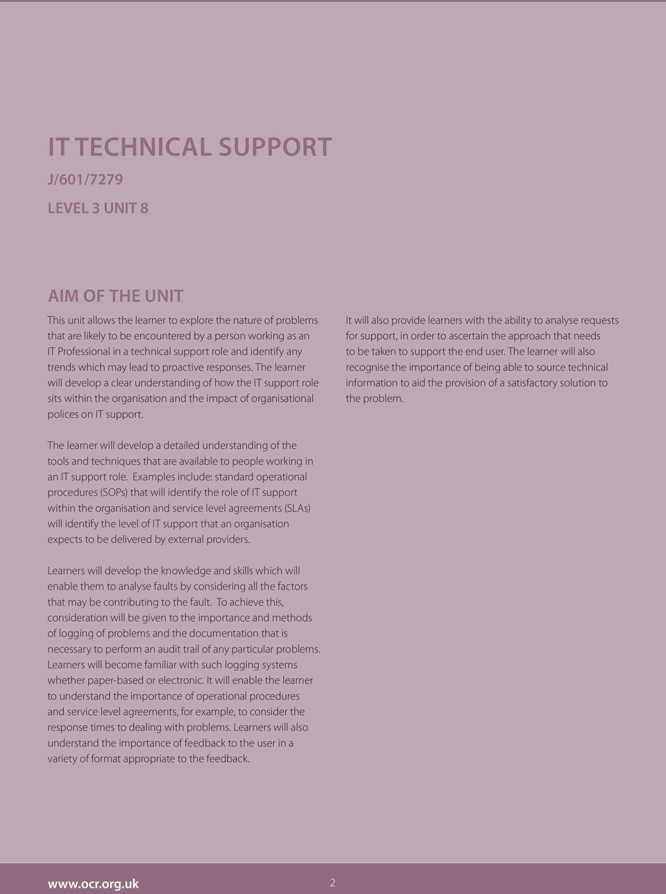 The learner will develop a clear understanding of how the IT support role sits within the organisation and the impact of organisational polices on IT support.