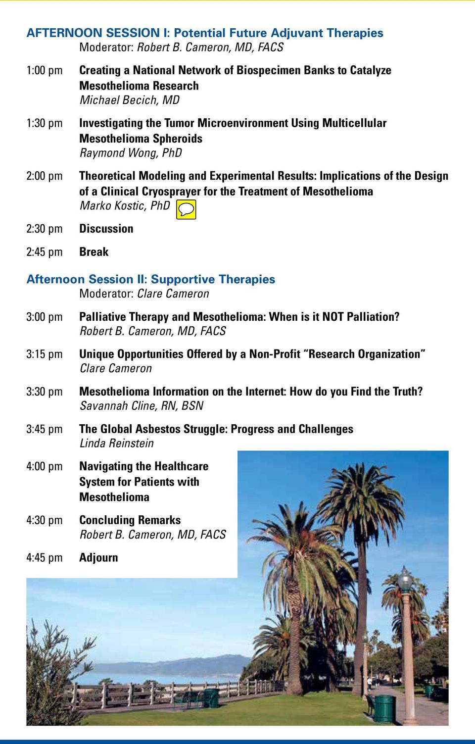 the Treatment of Mesothelioma Marko Kostic, PhD 2:30 pm Discussion 2:45 pm Break Afternoon Session II: Supportive Therapies Moderator: Clare Cameron 3:00 pm Palliative Therapy and Mesothelioma: When