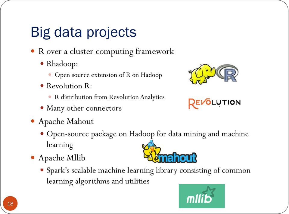 Apache Mahout Open-source package on Hadoop for data mining and machine learning Apache