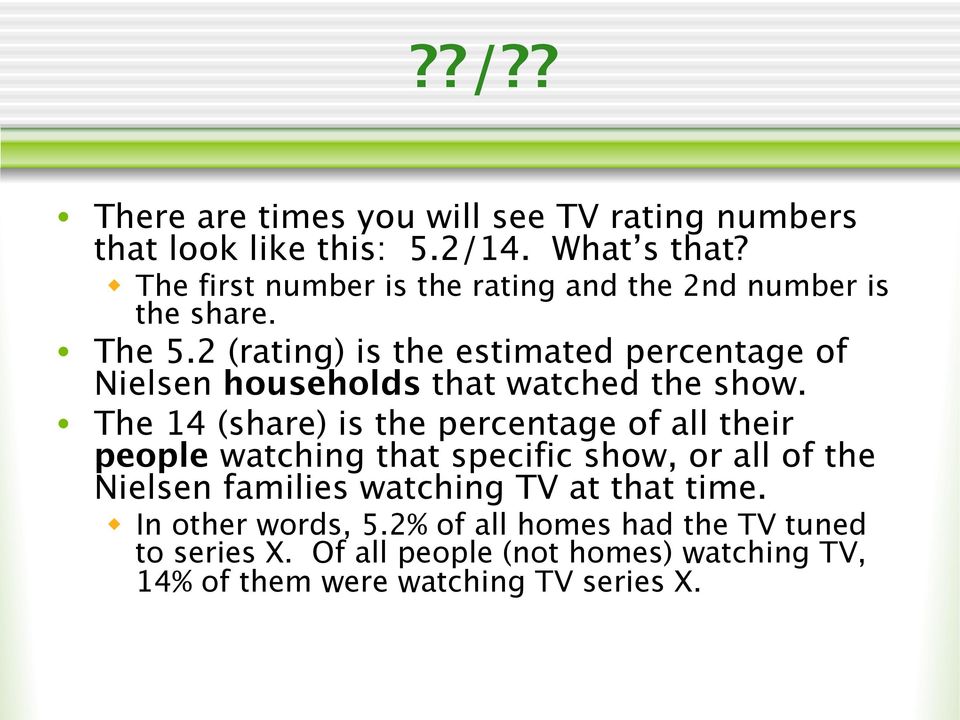 2 (rating) is the estimated percentage of Nielsen households that watched the show.