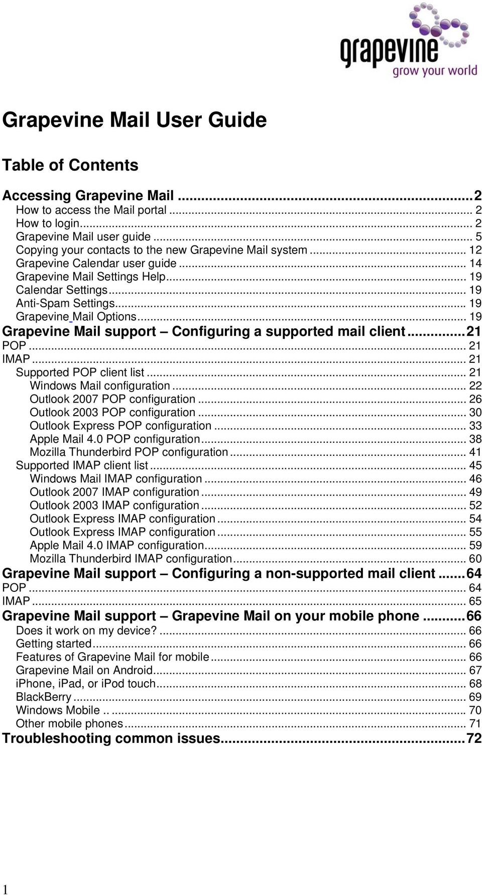 ..19 Grapevine Mail Options... 19 Grapevine Mail support Configuring a supported mail client...21 POP... 21 IMAP... 21 Supported POP client list... 21 Windows Mail configuration.