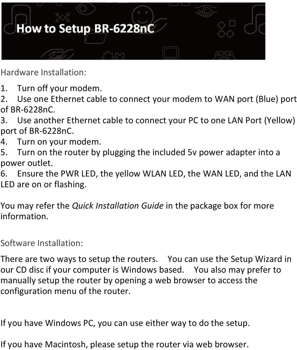 Ensure the PWR LED, the yellow WLAN LED, the WAN LED, and the LAN LED are on or flashing. You may refer the Quick Installation Guide in the package box for more information.