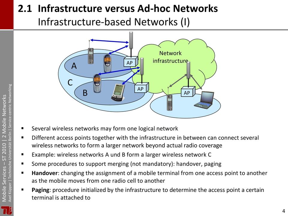 networks A und B form a larger wireless network C Some procedures to support merging (not mandatory): handover, paging Handover: changing the assignment of a mobile terminal from