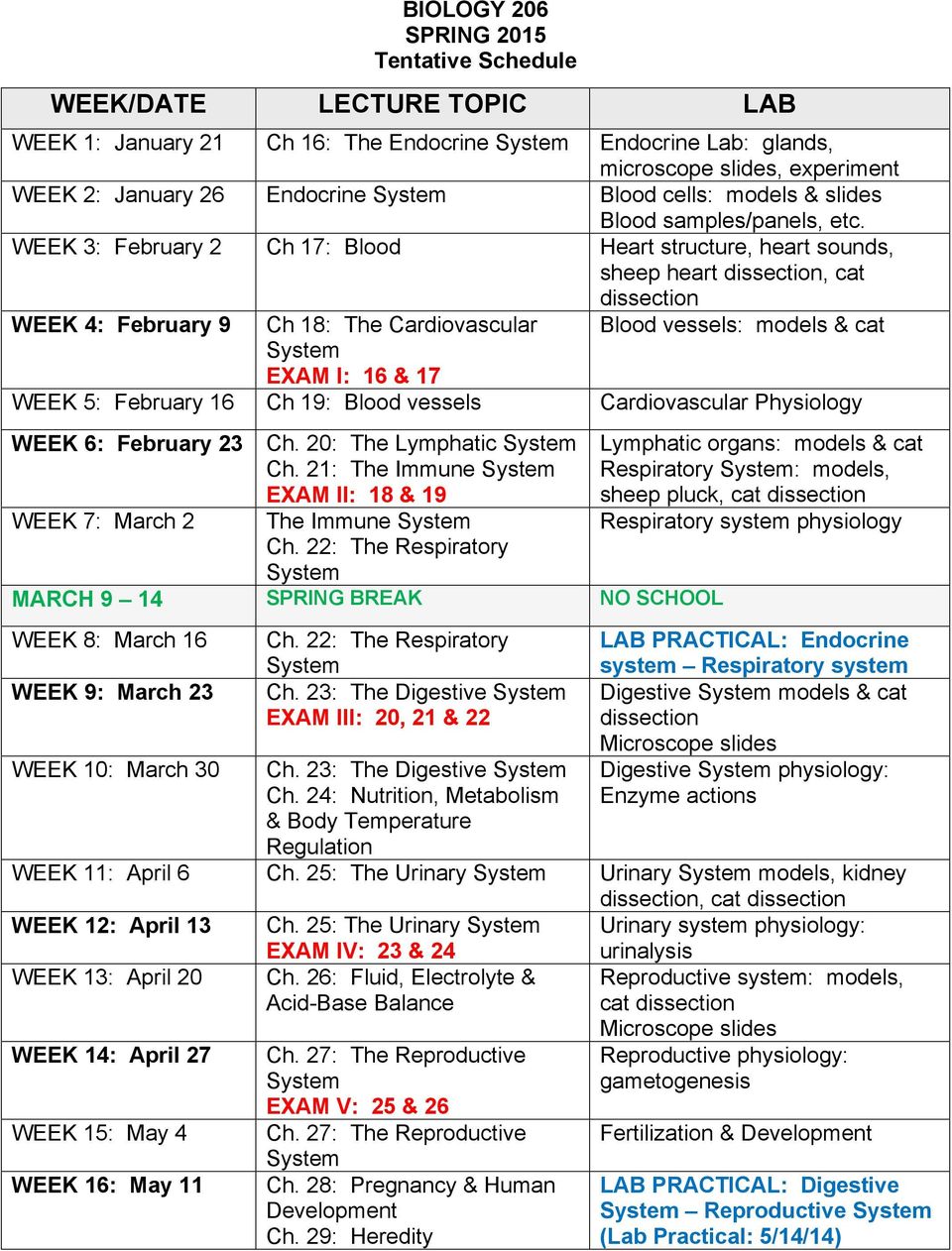 WEEK 3: February 2 Ch 17: Blood Heart structure, heart sounds, sheep heart dissection, cat dissection WEEK 4: February 9 Ch 18: The Cardiovascular Blood vessels: models & cat EXAM I: 16 & 17 WEEK 5: