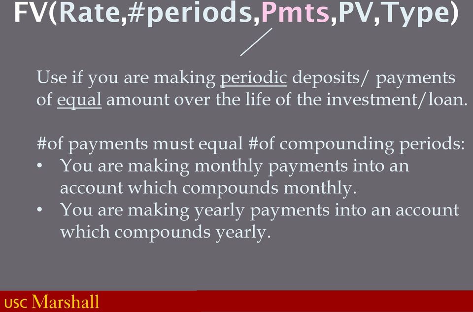 #of payments must equal #of compounding periods: You are making monthly payments