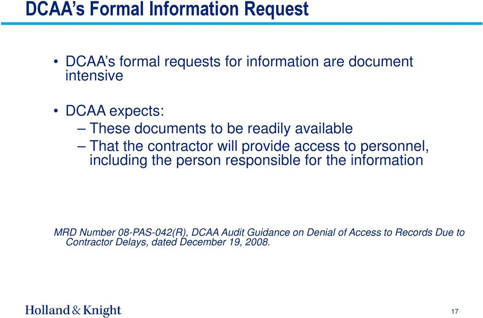 personnel, including the person responsible for the information MRD Number 08-PAS-042(R), DCAA