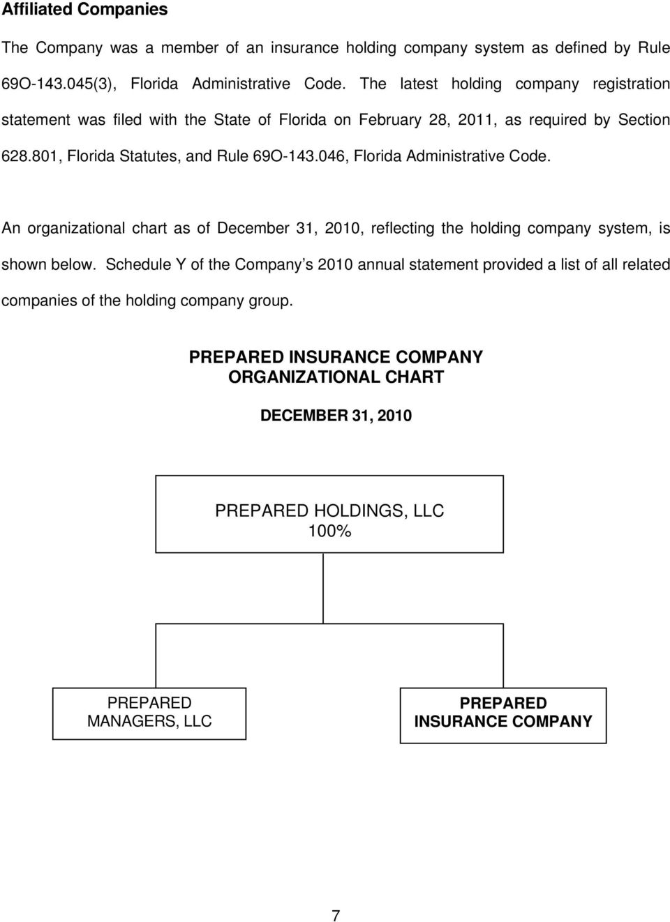 046, Florida Administrative Code. An organizational chart as of December 31, 2010, reflecting the holding company system, is shown below.