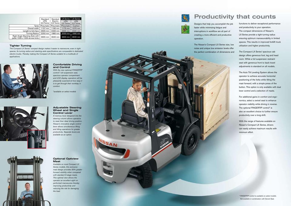 Turning The Compact LX Series compact design makes it easier to manoeuvre, even in tight spaces. Its turning radius and stacking aisle specifications are comparable to dedicated electric trucks.
