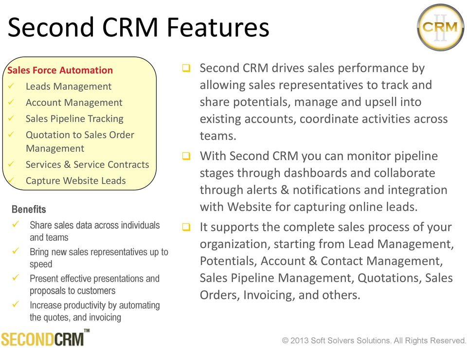 and invoicing Second CRM drives sales performance by allowing sales representatives to track and share potentials, manage and upsell into existing accounts, coordinate activities across teams.