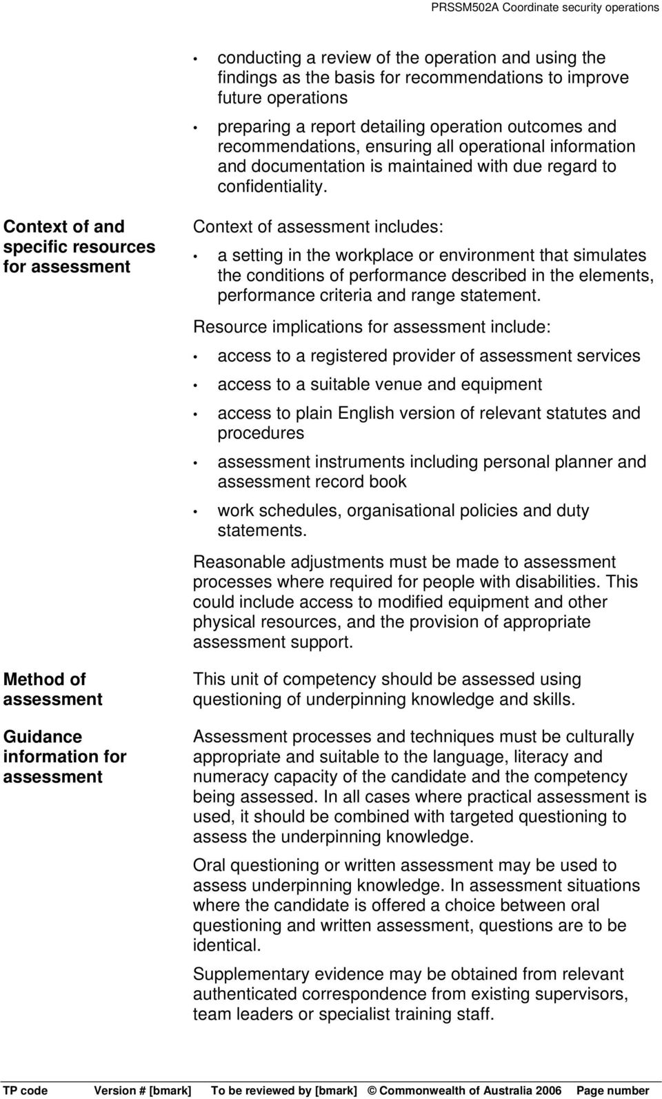 Context of and specific resources for assessment Method of assessment Guidance information for assessment Context of assessment includes: a setting in the workplace or environment that simulates the