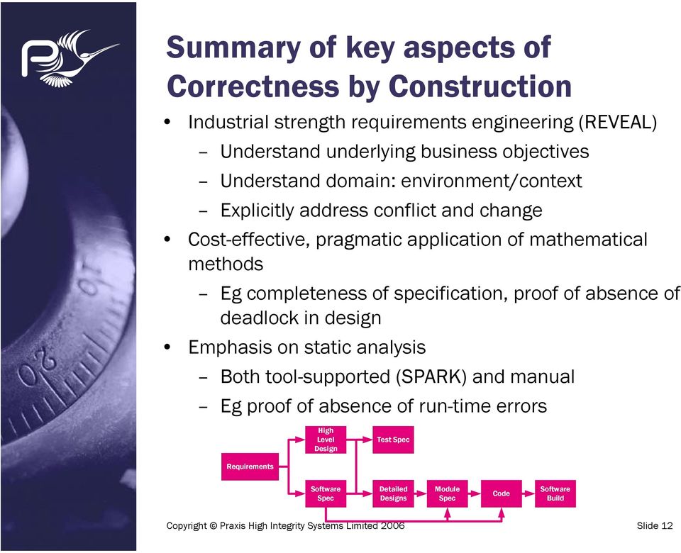 specification, proof of absence of deadlock in design Emphasis on static analysis Both tool-supported (SPARK) and manual Eg proof of absence of run-time