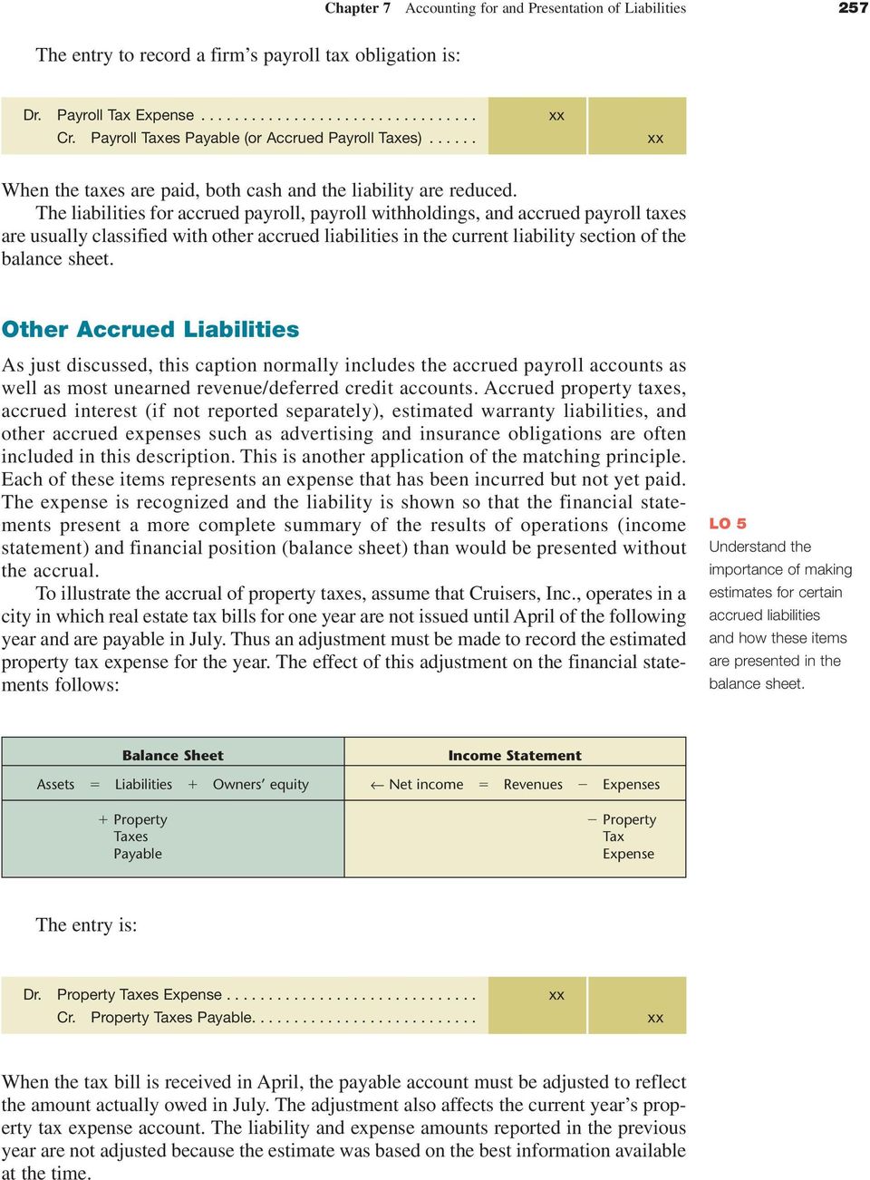 The liabilities for accrued payroll, payroll withholdings, and accrued payroll taxes are usually classified with other accrued liabilities in the current liability section of the balance sheet.