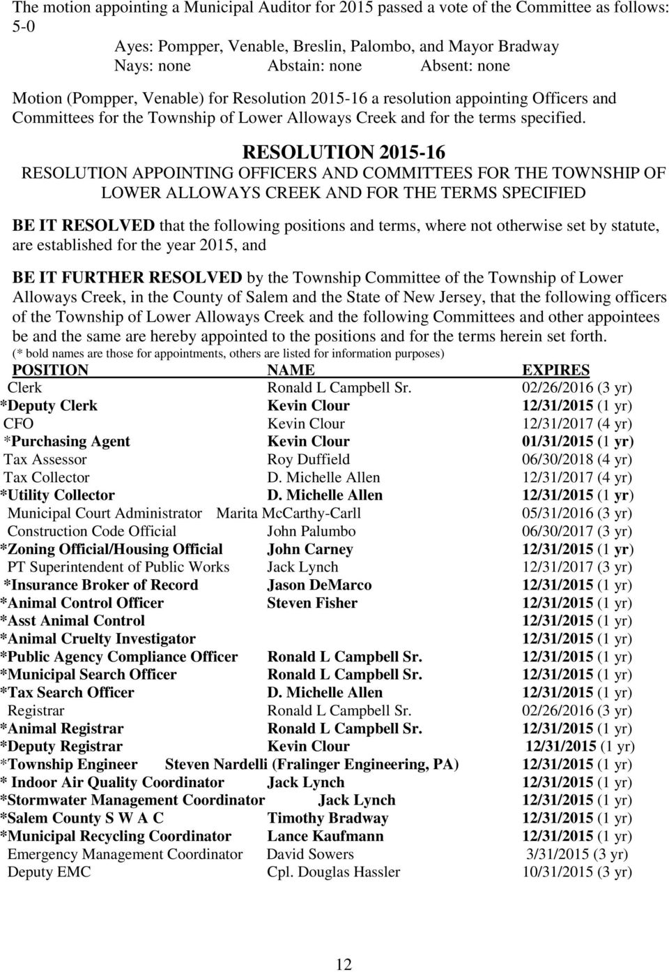 RESOLUTION 2015-16 RESOLUTION APPOINTING OFFICERS AND COMMITTEES FOR THE TOWNSHIP OF LOWER ALLOWAYS CREEK AND FOR THE TERMS SPECIFIED BE IT RESOLVED that the following positions and terms, where not