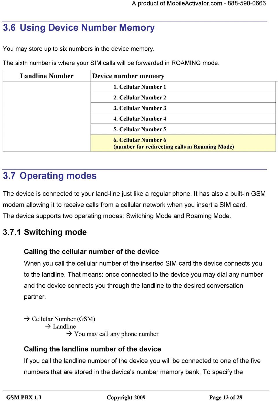 Cellular umber 5 6. Cellular umber 6 (number for redirecting calls in Roaming Mode) 3.7 Operating modes The device is connected to your land-line just like a regular phone.