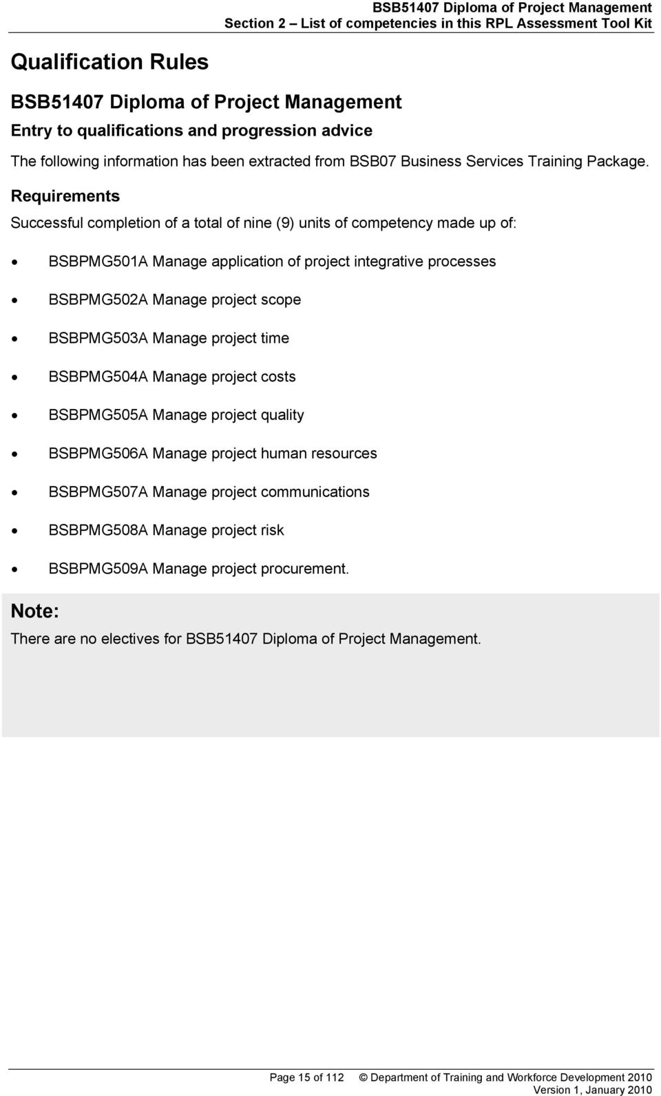 Requirements Successful completion of a total of nine (9) units of competency made up of: BSBPMG501A Manage application of project integrative processes BSBPMG502A Manage project scope BSBPMG503A