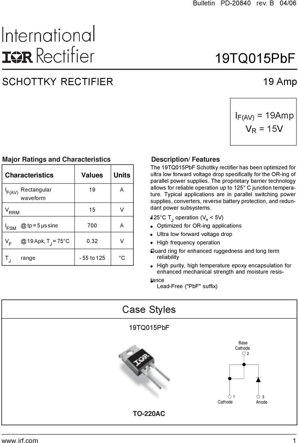 75 C 0.3 range - 55 to 5 C Description/ Features The 9TQ05PbF Schottky rectifier has been optimized for ultra low forward voltage drop specifically for the O-ing of parallel power supplies.