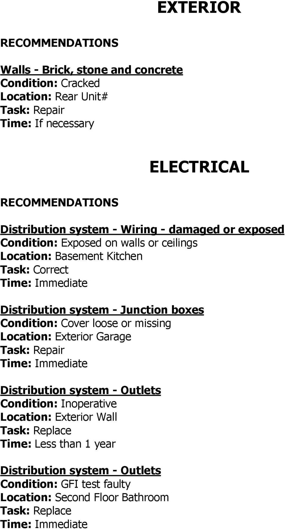 Junction boxes Condition: Cover loose or missing Location: Exterior Garage Distribution system - Outlets Condition: Inoperative