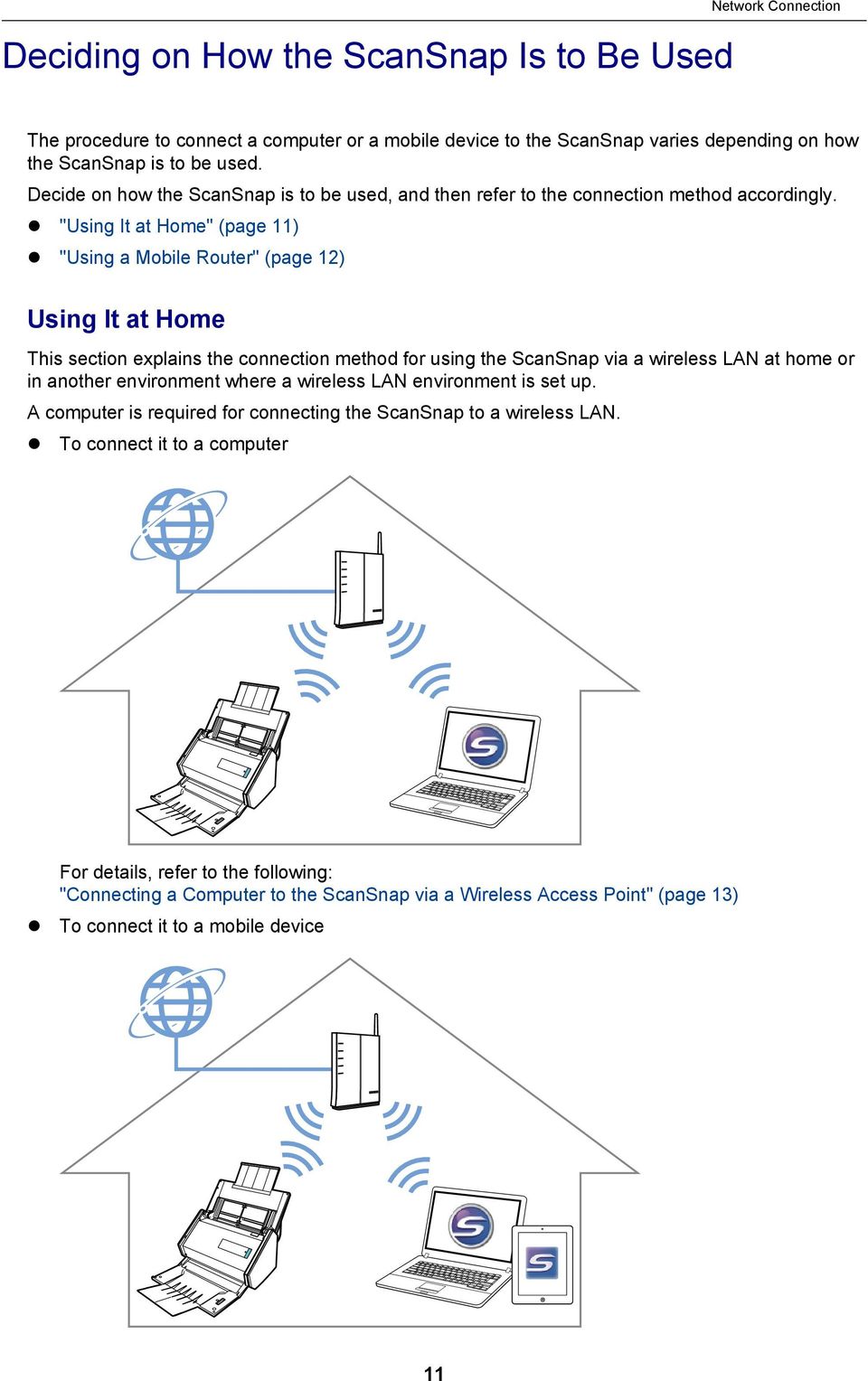 "Using It at Home" (page 11) "Using a Mobile Router" (page 12) Using It at Home This section explains the connection method for using the ScanSnap via a wireless LAN at home or in another