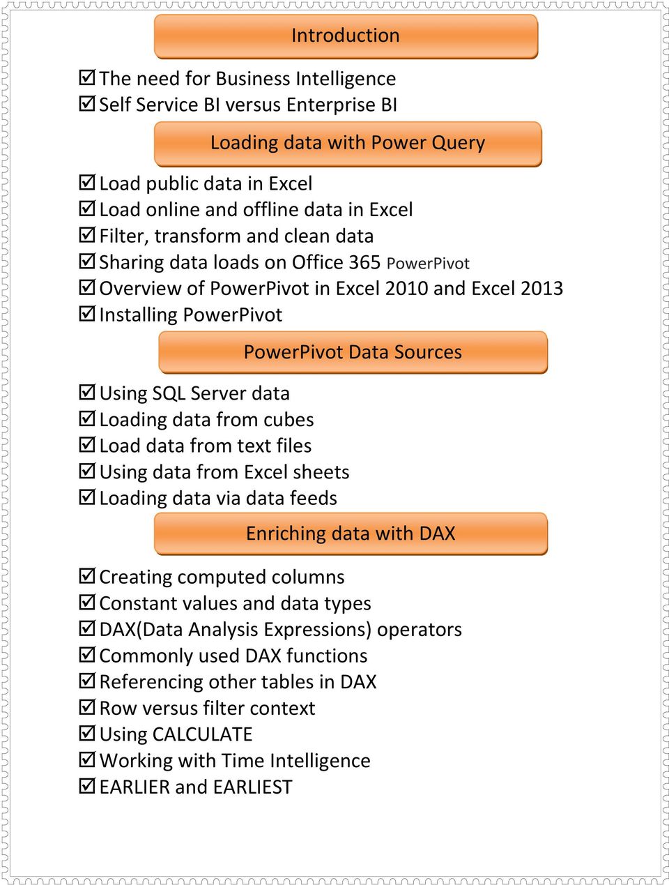 Load data from text files Using data from Excel sheets Loading data via data feeds PowerPivot Data Sources Enriching data with DAX Creating computed columns Constant values and data types