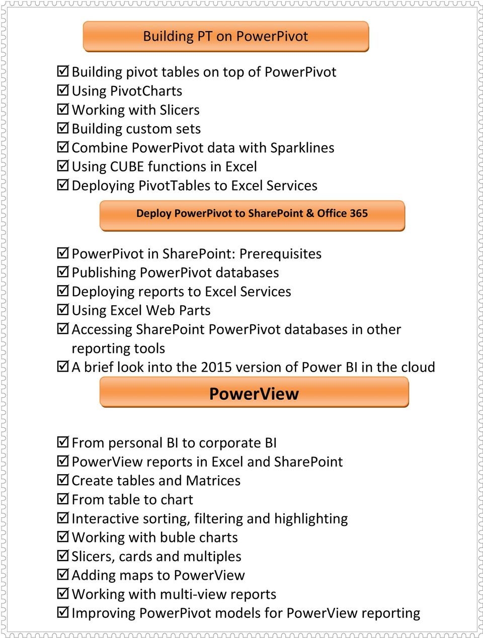 Excel Web Parts Accessing SharePoint PowerPivot databases in other reporting tools A brief look into the 2015 version of Power BI in the cloud PowerView From personal BI to corporate BI PowerView