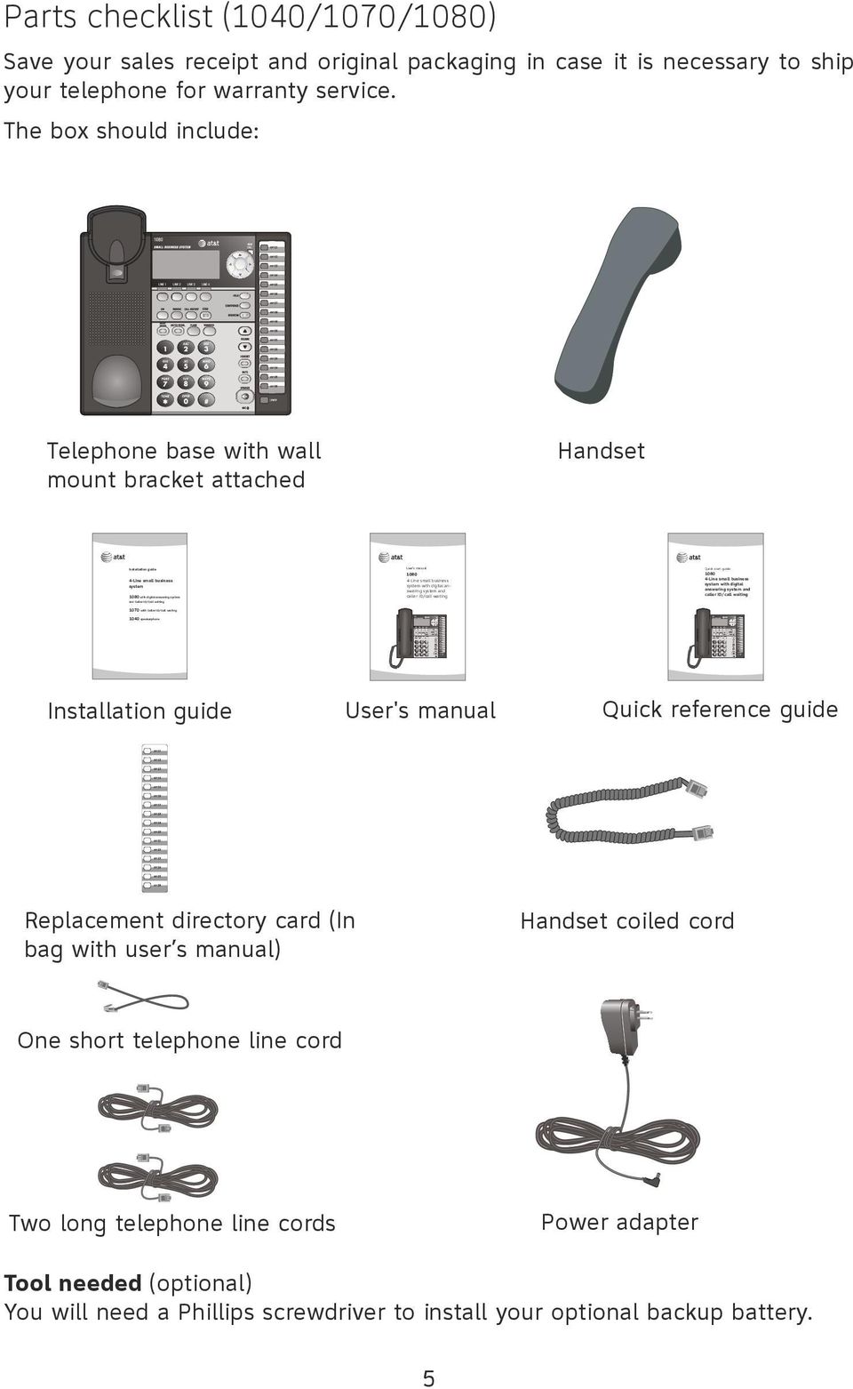 answering system with caller ID/call waiting Telephone base with wall mount bracket attached Handset ENTER Installation guide start guide 4-Line small Quick business 1080 system Small business system