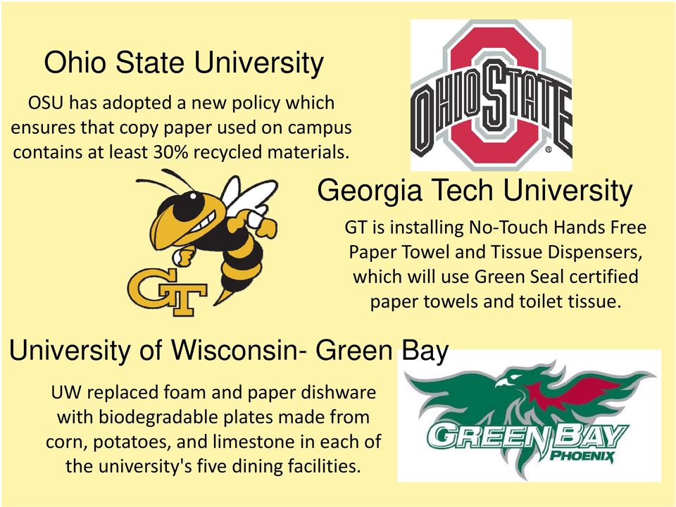 University of Wisconsin- Green Bay UW replaced foam and paper dishware with biodegradable plates made from corn, potatoes,