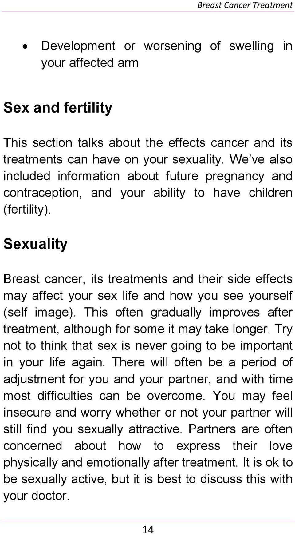 Sexuality Breast cancer, its treatments and their side effects may affect your sex life and how you see yourself (self image).