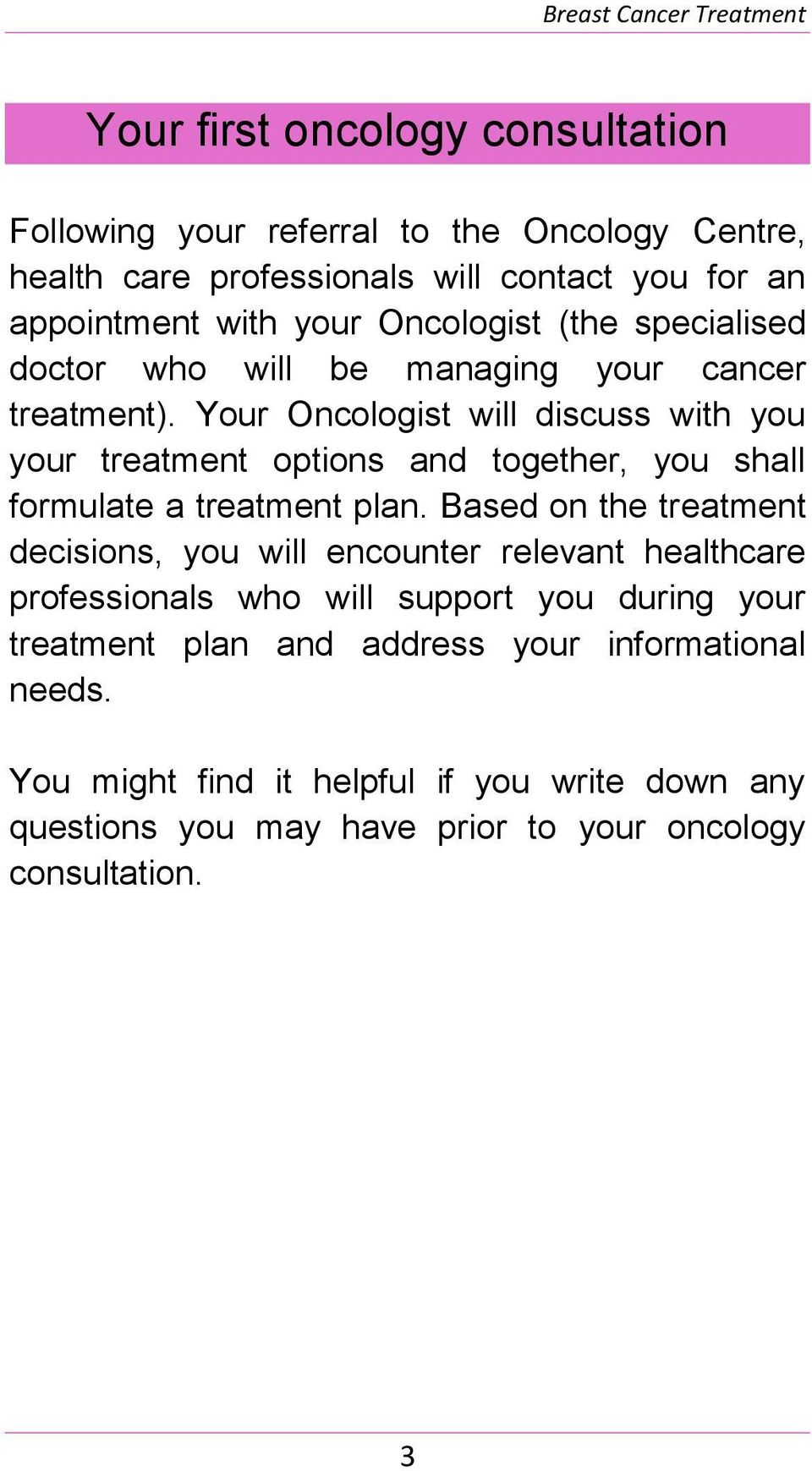 Your Oncologist will discuss with you your treatment options and together, you shall formulate a treatment plan.