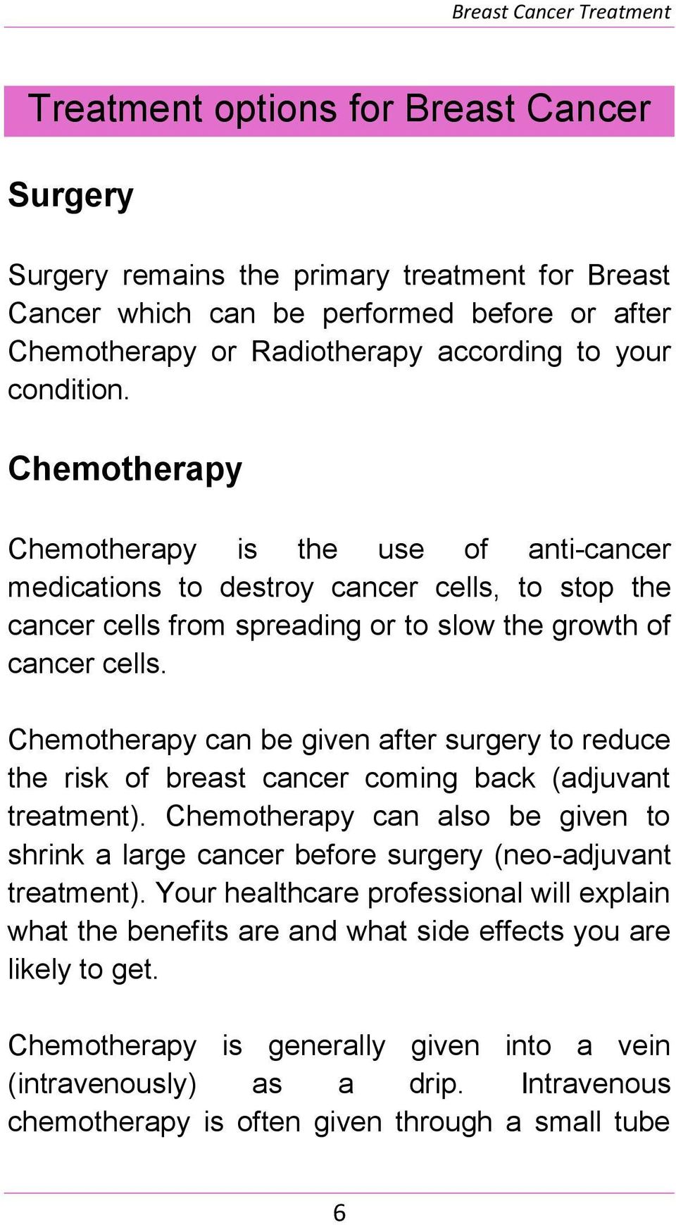 Chemotherapy can be given after surgery to reduce the risk of breast cancer coming back (adjuvant treatment).