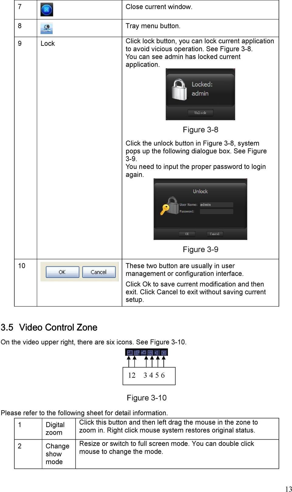 Figure 3-9 10 These two button are usually in user management or configuration interface. Click Ok to save current modification and then exit. Click Cancel to exit without saving current setup. 3.5 Video Control Zone On the video upper right, there are six icons.