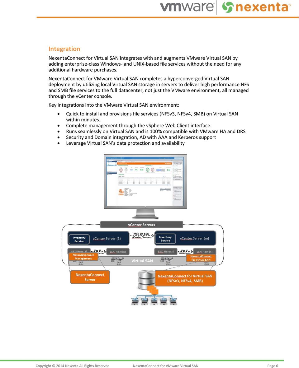 NexentaConnect for VMware Virtual SAN completes a hyperconverged Virtual SAN deployment by utilizing local Virtual SAN storage in servers to deliver high performance NFS and SMB file services to the