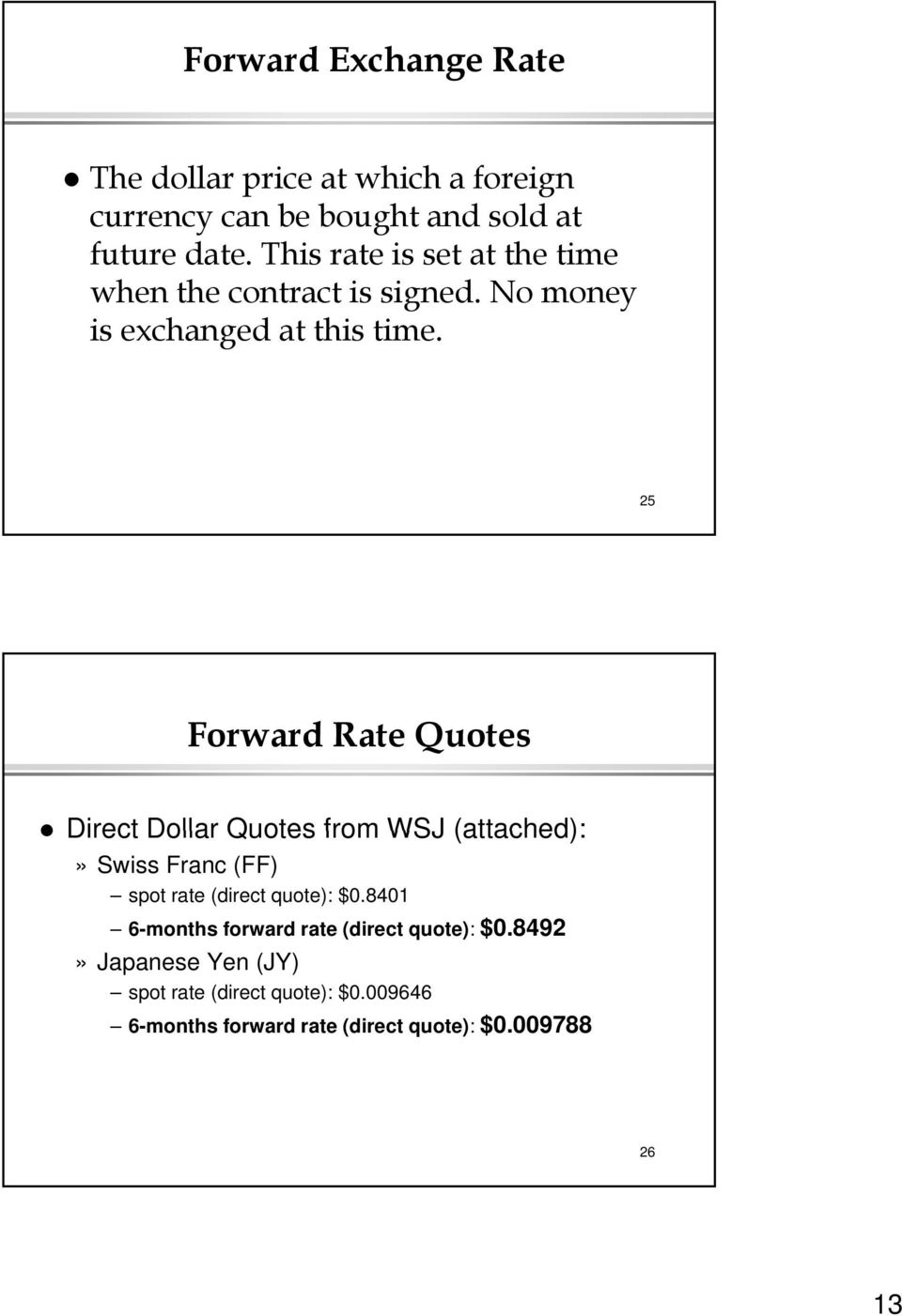25 Forward Rate Quotes Direct Dollar Quotes from WSJ (attached):» Swiss Franc (FF) spot rate (direct quote): $0.