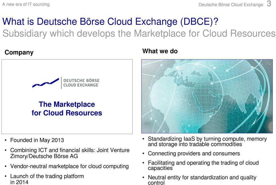 and financial skills: Joint Venture Zimory/Deutsche Börse AG Vendor-neutral marketplace for cloud computing Launch of the trading platform in 2014