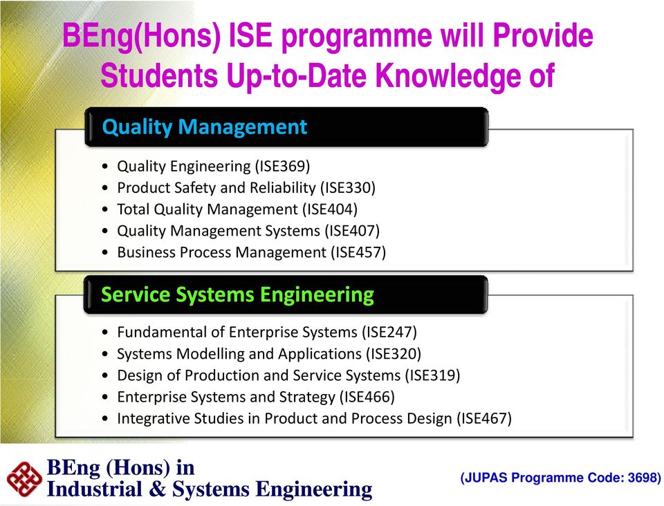 (ISE457) Service Systems Engineering Fundamental of Enterprise Systems (ISE247) Systems Modelling and Applications (ISE320) Design of