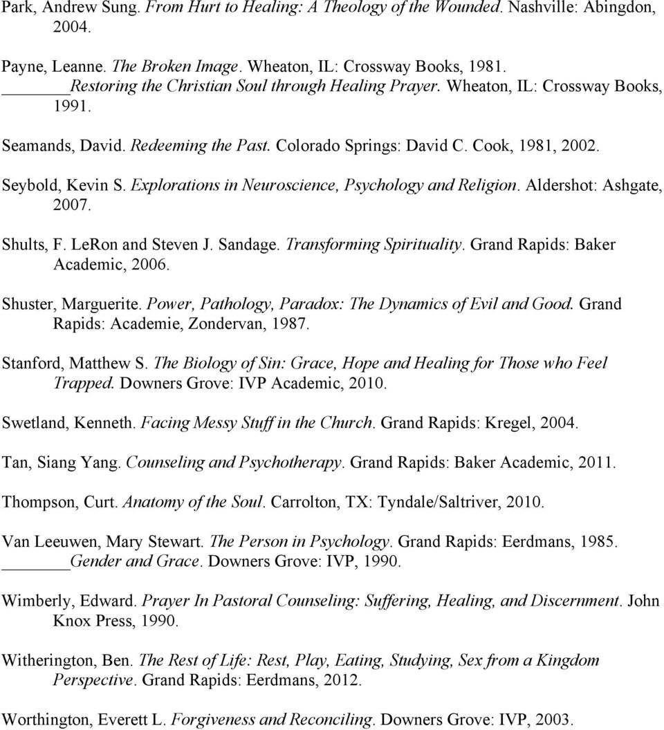 Explorations in Neuroscience, Psychology and Religion. Aldershot: Ashgate, 2007. Shults, F. LeRon and Steven J. Sandage. Transforming Spirituality. Grand Rapids: Baker Academic, 2006.