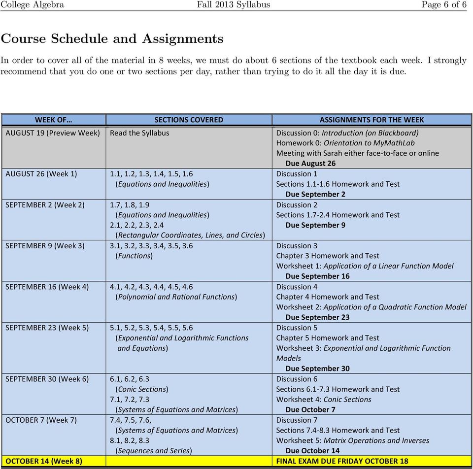 WEEK OF SECTIONS COVERED ASSIGNMENTS FOR THE WEEK AUGUST 19 (Preview Week) Read the Syllabus Discussion 0: Introduction (on Blackboard) Homework 0: Orientation to MyMathLab Meeting with Sarah either
